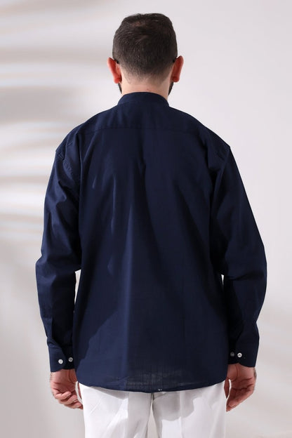 Navy Blue Men's Relaxed Fit 3-Button Mandarin Collar Hajj and Umrah Linen Shirt - ihvan