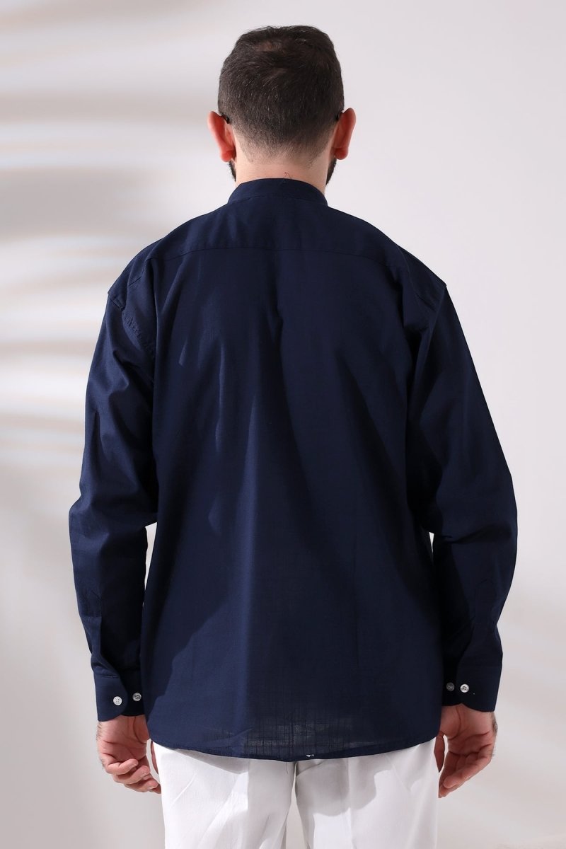 Navy Blue Men's Relaxed Fit 3-Button Mandarin Collar Hajj and Umrah Linen Shirt - ihvan