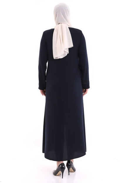 Navy Blue Ottoman Rhinestone Detailed Abaya 0165-21 - ihvan