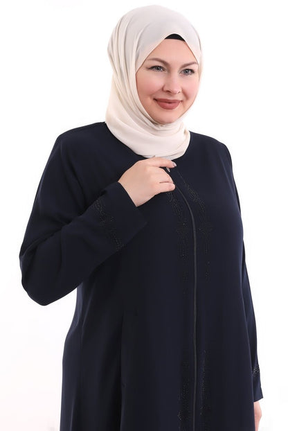 Navy Blue Ottoman Rhinestone Detailed Abaya 0165-21 - ihvan