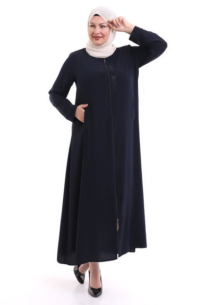 Navy Blue Ottoman Rhinestone Detailed Abaya 0165-21 - ihvan
