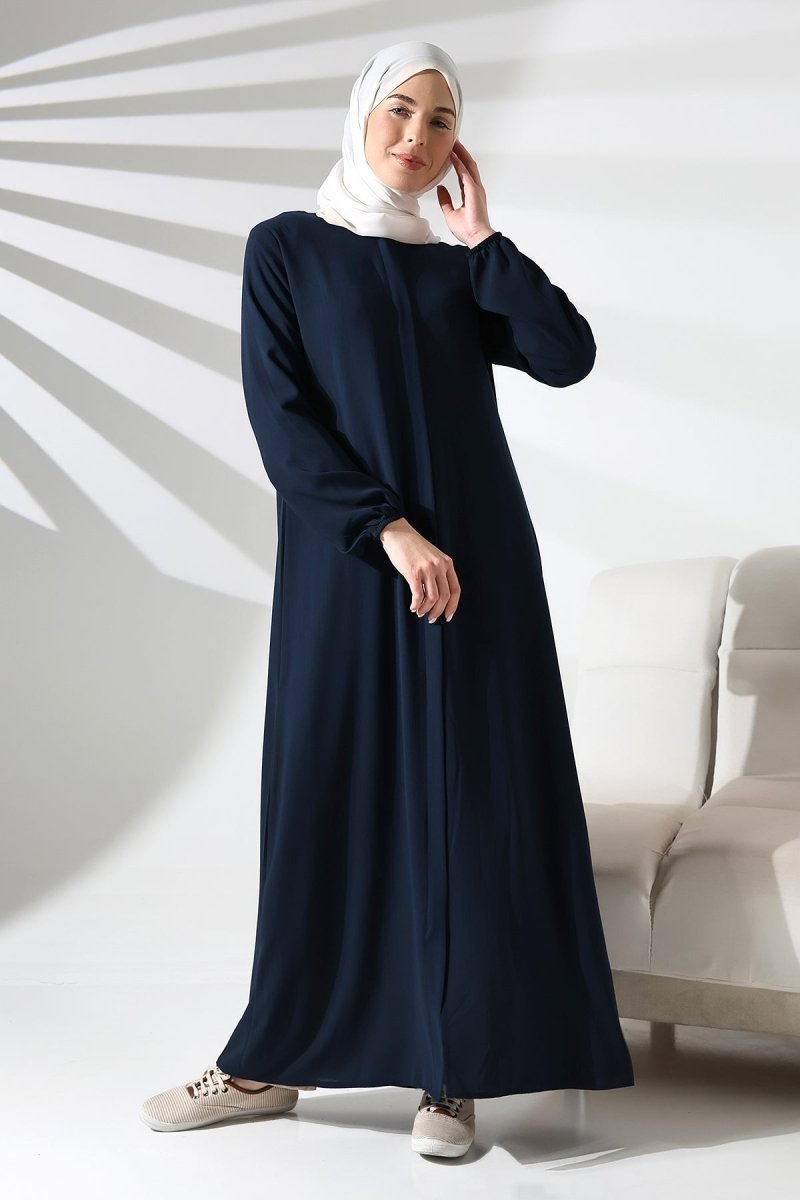 Navy Blue Plain Hidden Zipper Abaya for Hajj and Umrah - ihvan