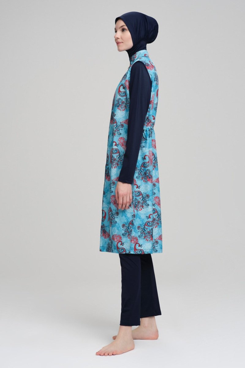 Nehar Shawl Patterned Sleeveless Navy Blue Full Coverage Hijab Swimsuit 2210 - ihvan