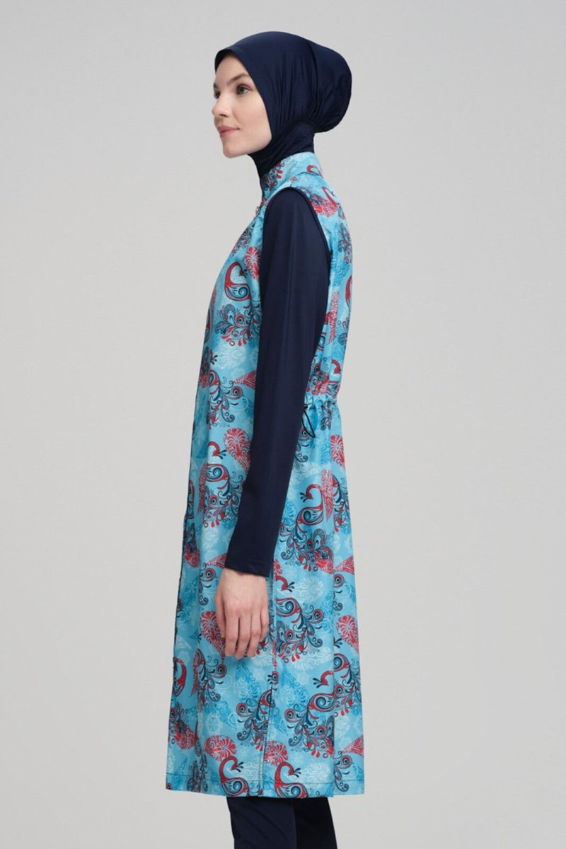 Nehar Shawl Patterned Sleeveless Navy Blue Full Coverage Hijab Swimsuit 2210 - ihvan