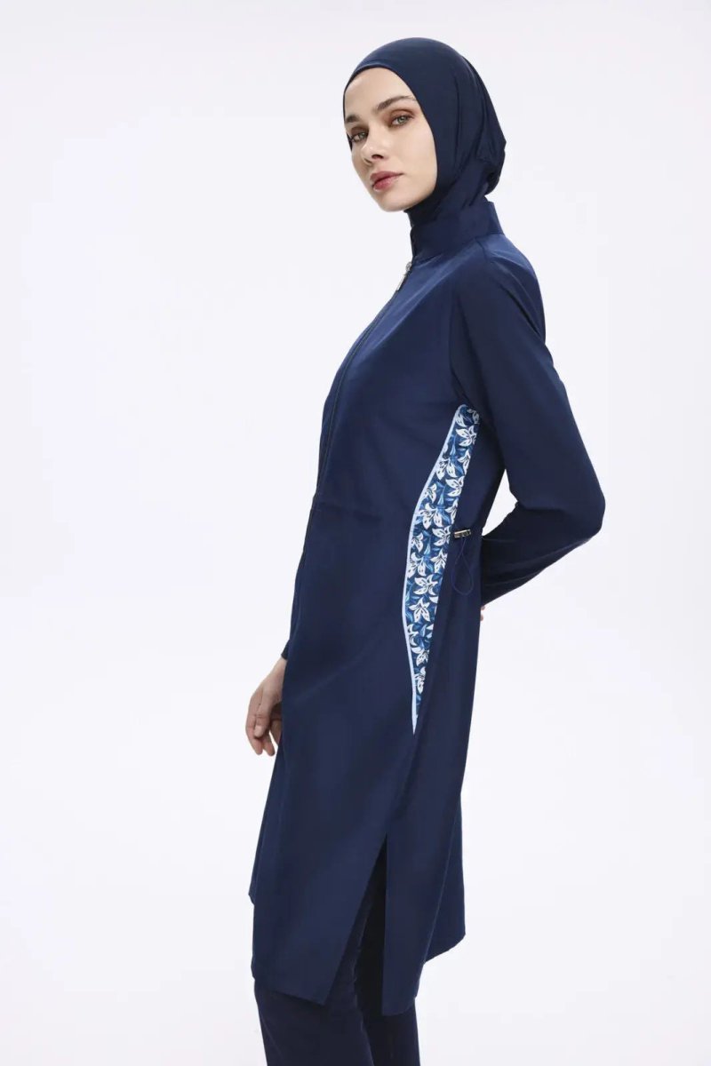 Nehar Underarm Patterned Navy Blue 3 - Piece Woven Full Coverage Hijab Swimsuit Set 2279 - ihvan