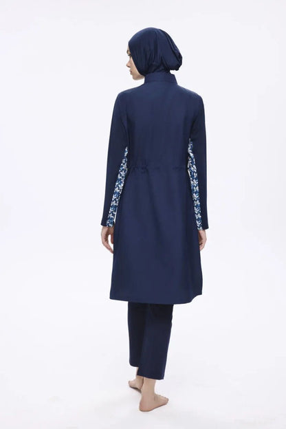 Nehar Underarm Patterned Navy Blue 3 - Piece Woven Full Coverage Hijab Swimsuit Set 2279 - ihvan