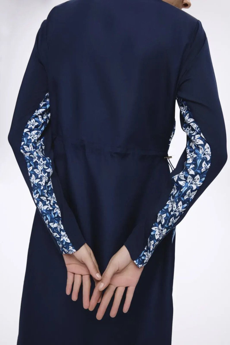 Nehar Underarm Patterned Navy Blue 3 - Piece Woven Full Coverage Hijab Swimsuit Set 2279 - ihvan