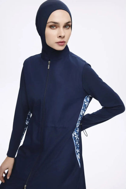 Nehar Underarm Patterned Navy Blue 3 - Piece Woven Full Coverage Hijab Swimsuit Set 2279 - ihvan
