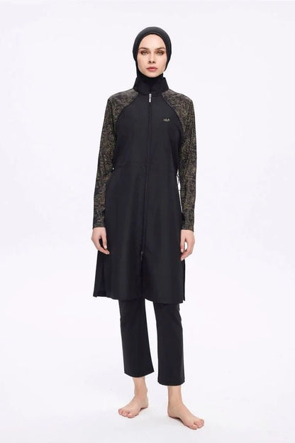 Nehar Women's Patterned Sleeves 3-Piece Quick-Drying Full-Covered Burkini Set 2273-25 Black - ihvan