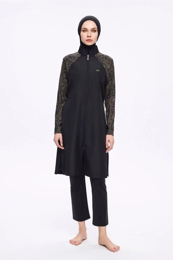 Nehar Women's Patterned Sleeves 3-Piece Quick-Drying Full-Covered Burkini Set 2273-25 Black - ihvan