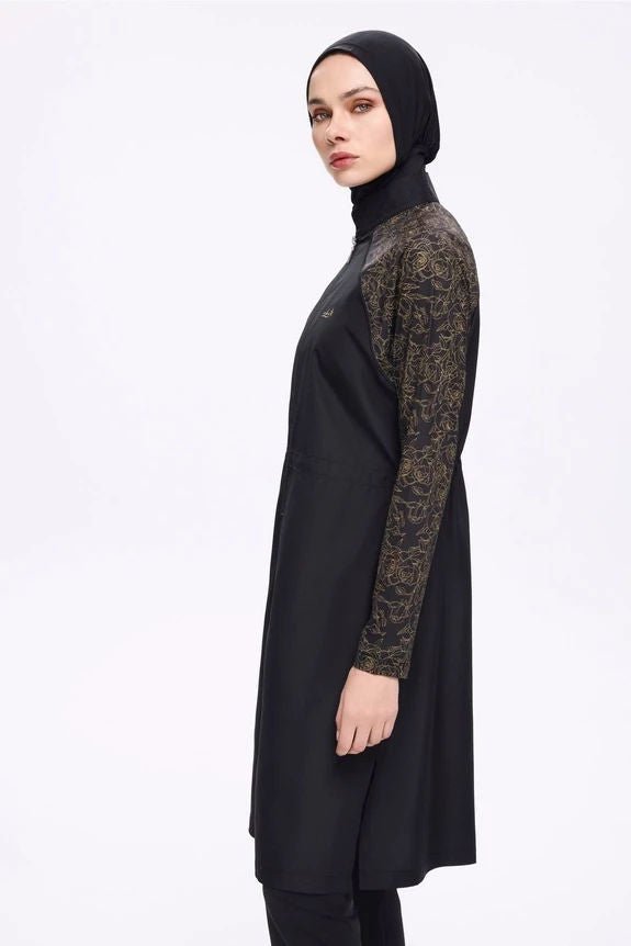 Nehar Women's Patterned Sleeves 3-Piece Quick-Drying Full-Covered Burkini Set 2273-25 Black - ihvan