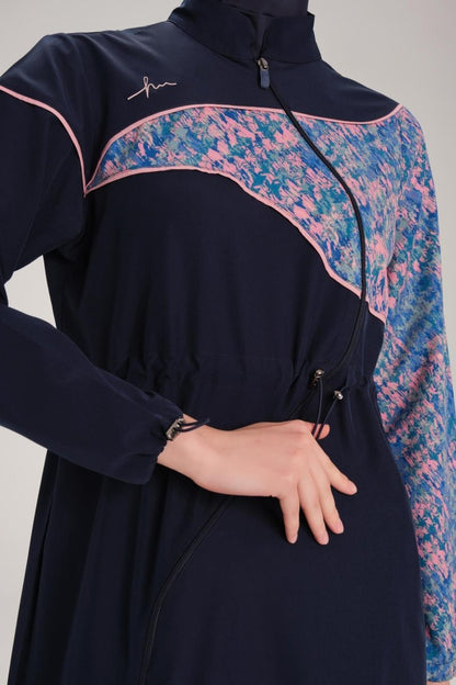 Patterned Sleeve, Flexible Woven, 6 - Piece Full Coverage Hijab Swimsuit Set 3095 - 25 Navy Blue - ihvan