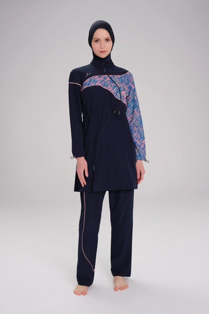 Patterned Sleeve, Flexible Woven, 6 - Piece Full Coverage Hijab Swimsuit Set 3095 - 25 Navy Blue - ihvan