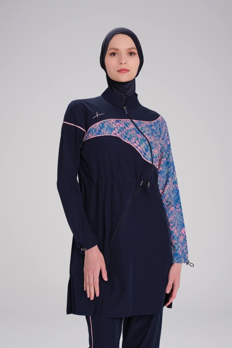 Patterned Sleeve, Flexible Woven, 6 - Piece Full Coverage Hijab Swimsuit Set 3095 - 25 Navy Blue - ihvan
