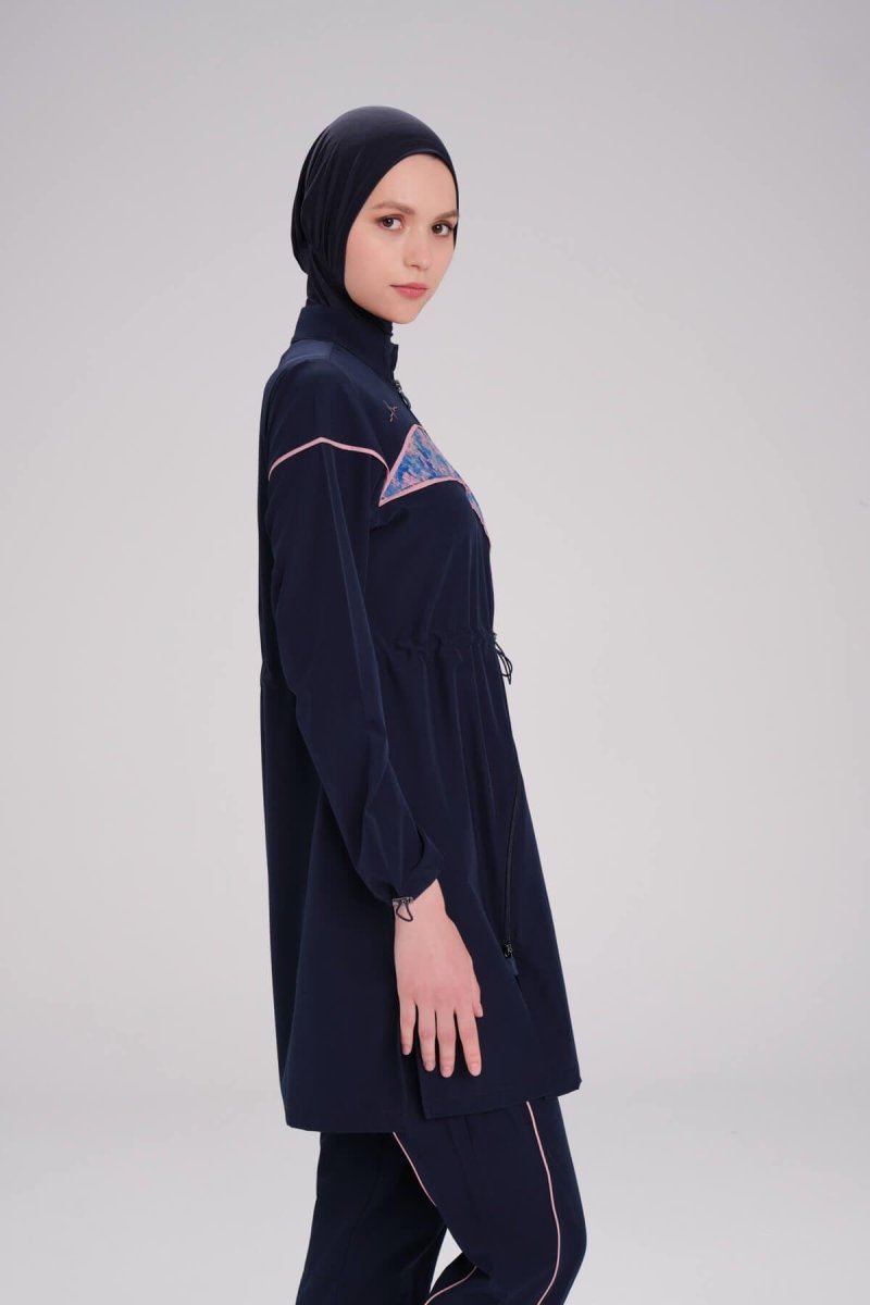 Patterned Sleeve, Flexible Woven, 6 - Piece Full Coverage Hijab Swimsuit Set 3095 - 25 Navy Blue - ihvan