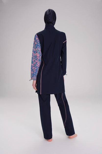 Patterned Sleeve, Flexible Woven, 6 - Piece Full Coverage Hijab Swimsuit Set 3095 - 25 Navy Blue - ihvan