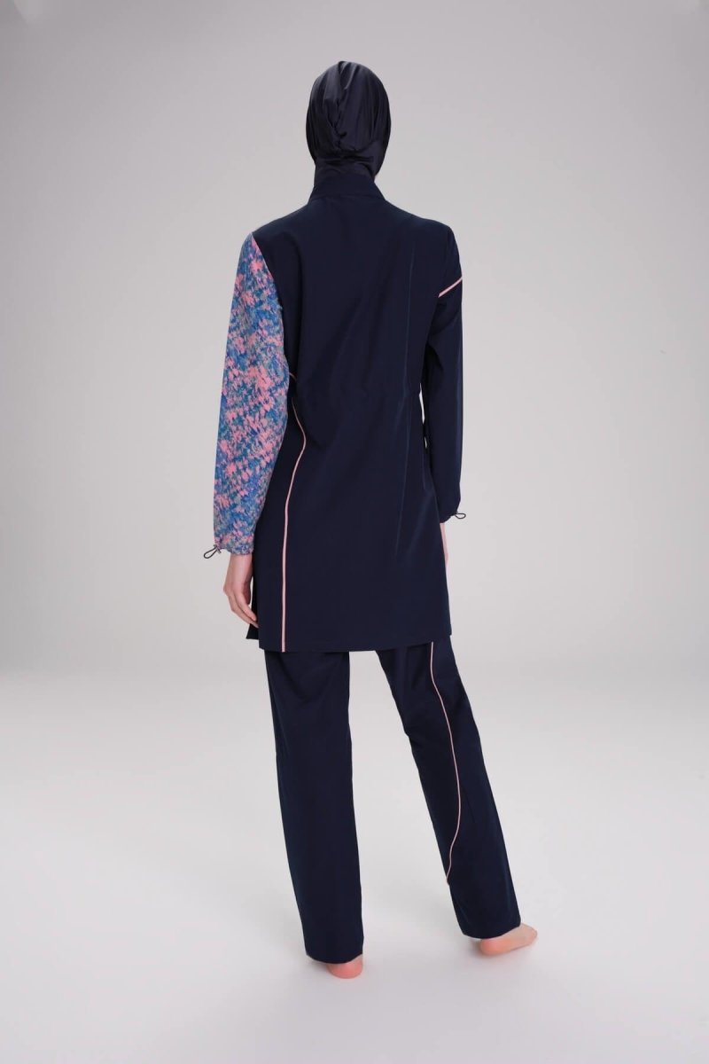Patterned Sleeve, Flexible Woven, 6 - Piece Full Coverage Hijab Swimsuit Set 3095 - 25 Navy Blue - ihvan