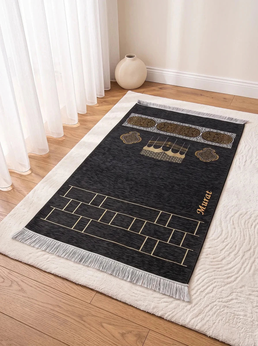 Personalised Kaaba Chenille Prayer Mat with Name Embroidery - ihvan