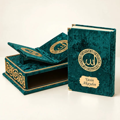 Personalised Velvet Quran Gift Set with Rehal & Storage Chest – Rahiya Series - ihvan