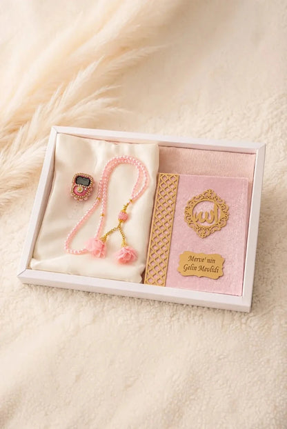 Personalized 5-Piece Islamic Wedding Gift Set with Yaseen Book, Prayer Mat & Prayer Scarf - ihvan