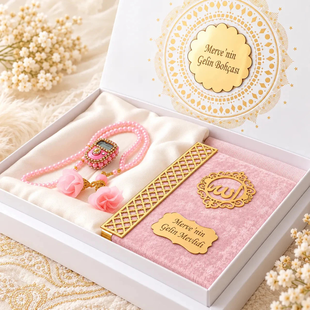 Personalized 5-Piece Islamic Wedding Gift Set with Yaseen Book, Prayer Mat & Prayer Scarf - ihvan