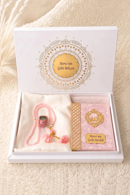 Personalized 5-Piece Islamic Wedding Gift Set with Yaseen Book, Prayer Mat & Prayer Scarf - ihvan