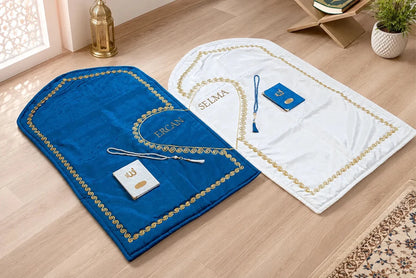 Personalized Couple Prayer Rug Gift Set with Names & Heart Design – Blue & Cream - ihvan
