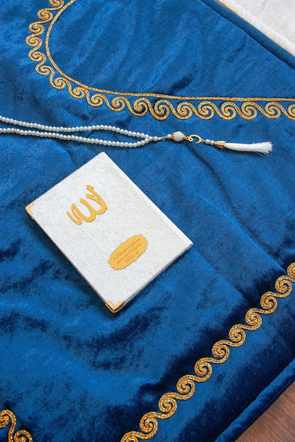Personalized Couple Prayer Rug Gift Set with Names & Heart Design – Blue & Cream - ihvan