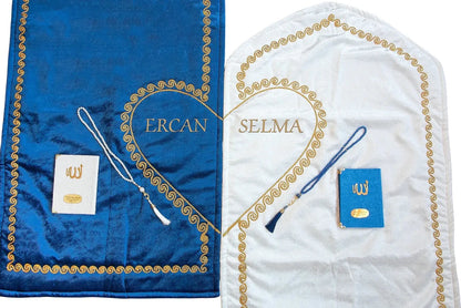 Personalized Couple Prayer Rug Gift Set with Names & Heart Design – Blue & Cream - ihvan