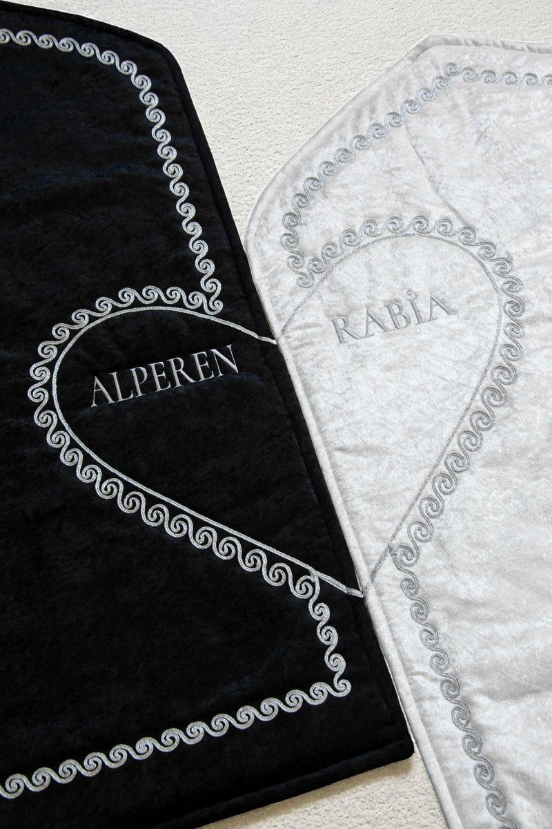 Personalized Couple’s Prayer Rug Set with Names - Luxury Velvet Padded Sajadah Set for Bride and Groom - Heart Motif Wedding Gift with Tasbih & Yasin Book - Grey, Set of 2 - ihvan