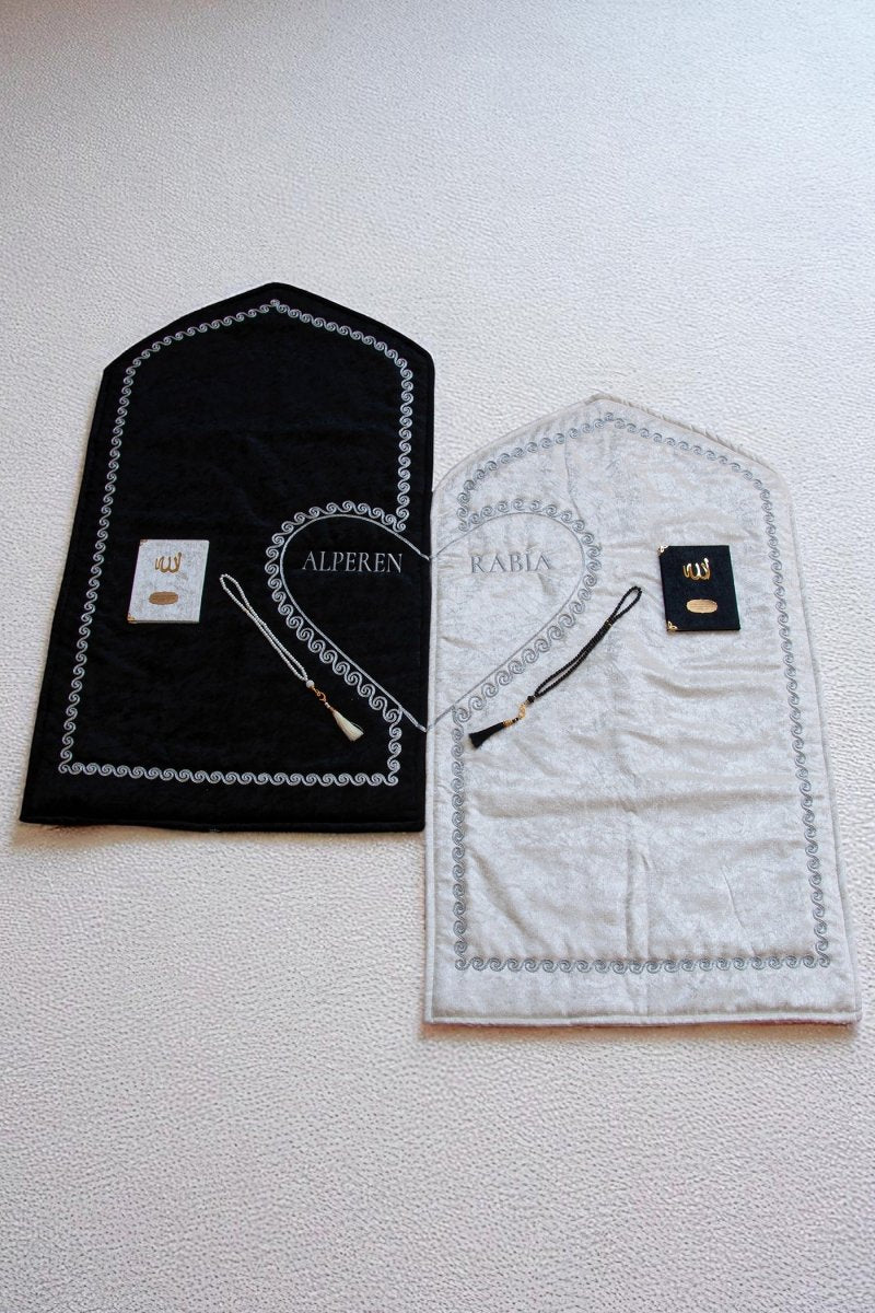 Personalized Couple’s Prayer Rug Set with Names - Luxury Velvet Padded Sajadah Set for Bride and Groom - Heart Motif Wedding Gift with Tasbih & Yasin Book - Grey, Set of 2 - ihvan