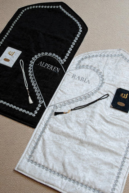 Personalized Couple’s Prayer Rug Set with Names - Luxury Velvet Padded Sajadah Set for Bride and Groom - Heart Motif Wedding Gift with Tasbih & Yasin Book - Grey, Set of 2 - ihvan