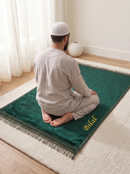 Personalized Embroidered Plush Prayer Rug with Mihrab Design - ihvan