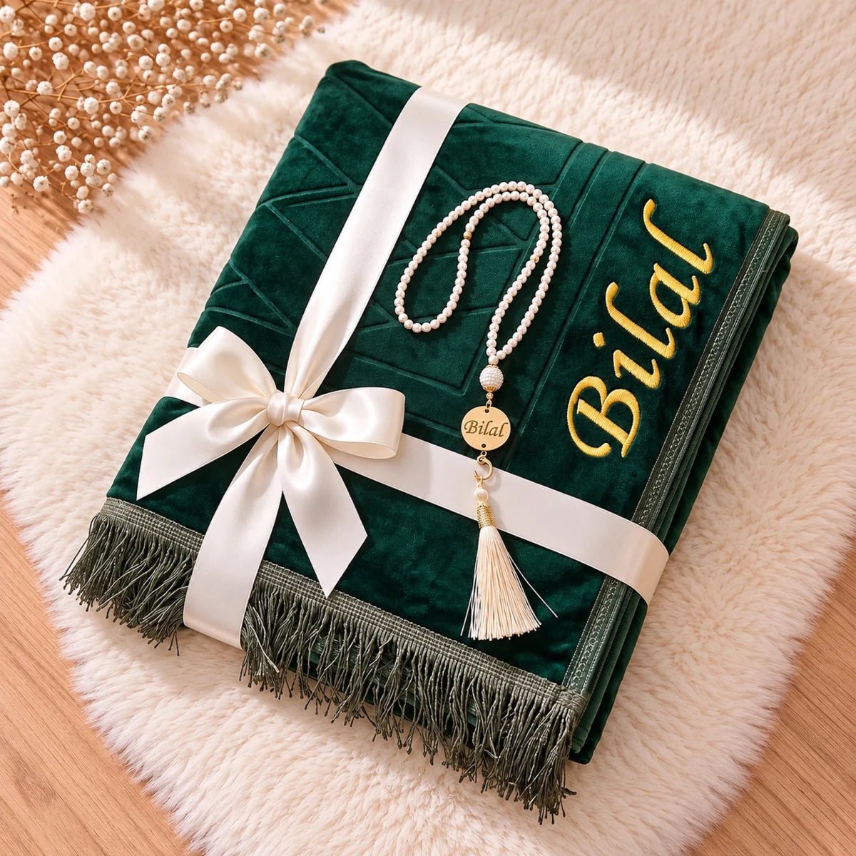 Personalized Embroidered Plush Prayer Rug with Mihrab Design - ihvan