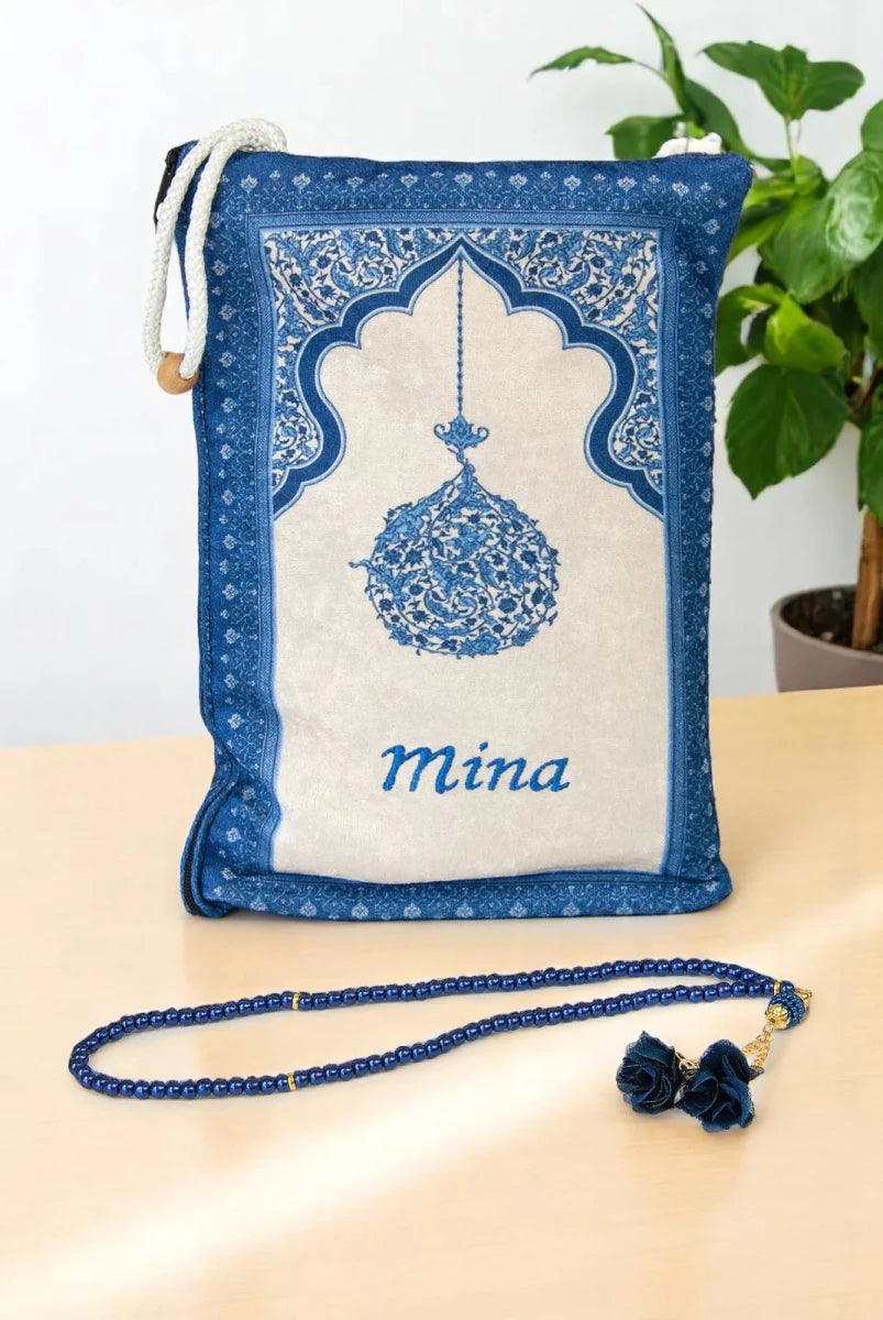 Personalized Embroidered Velvet Prayer Mat Set – Luxury Mihrab Design Prayer Rug with Matching Pouch & Pearl Tasbih - ihvan