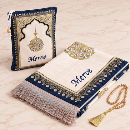 Personalized Embroidered Velvet Prayer Mat Set – Luxury Mihrab Design Prayer Rug with Matching Pouch & Pearl Tasbih - ihvan