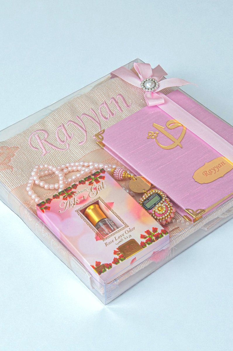 Personalized Islamic Gift Set – Prayer Rug, Yasin Book, Tasbeeh, Digital Zikr Counter & Perfume - ihvan