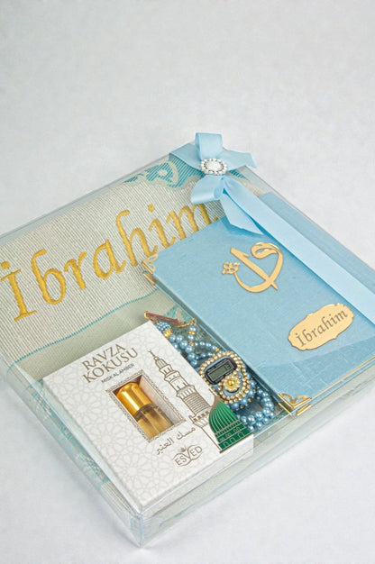 Personalized Islamic Gift Set – Prayer Rug, Yasin Book, Tasbeeh, Digital Zikr Counter & Perfume - ihvan