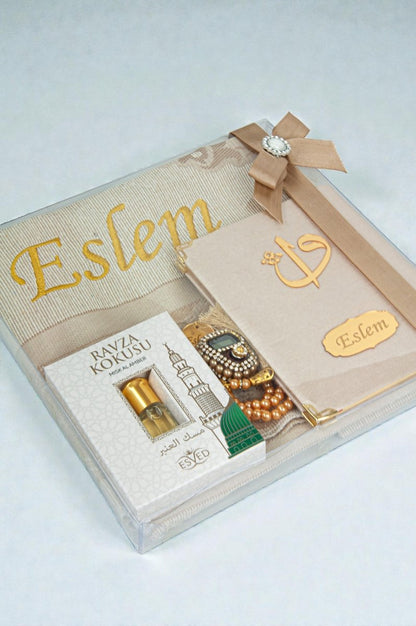 Personalized Islamic Gift Set – Prayer Rug, Yasin Book, Tasbeeh, Digital Zikr Counter & Perfume - ihvan