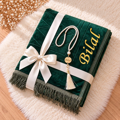 Personalized Embroidered Plush Prayer Rug with Mihrab Design