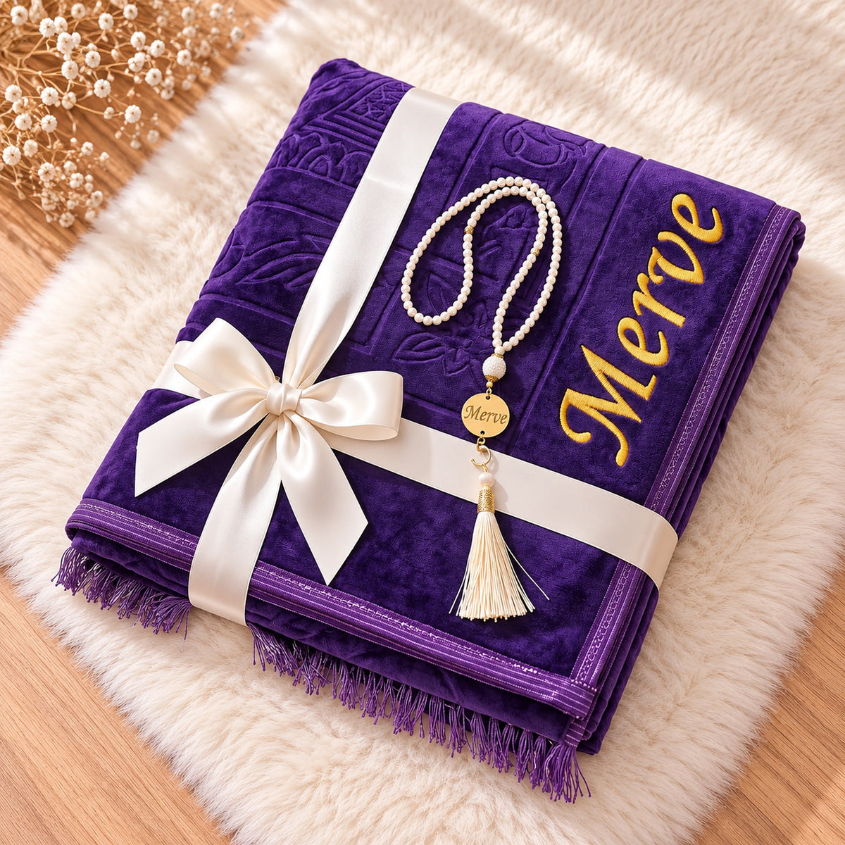 Personalized Embroidered Plush Prayer Rug with Mihrab Design