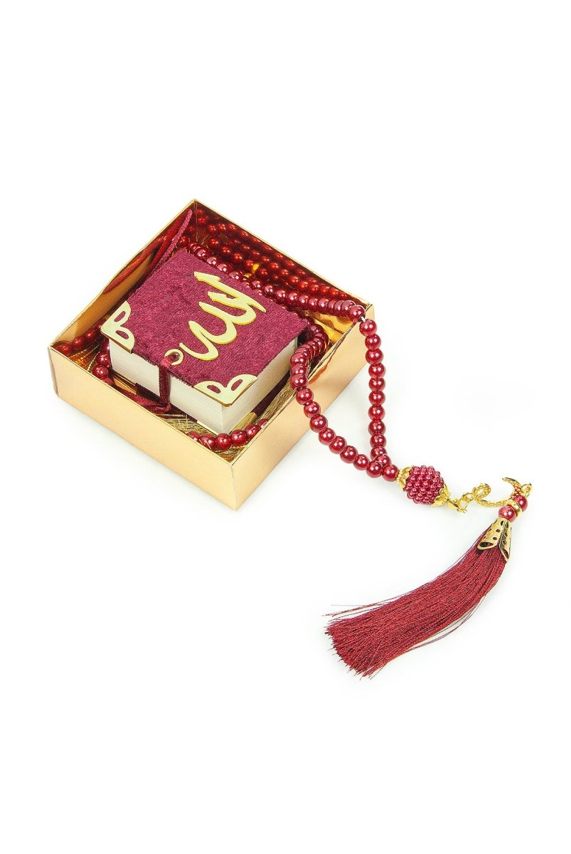 Personalized Mini Velvet Quran Gift Set with Pearl Tasbeeh in Decorative Box – Mevlut Favor - ihvan