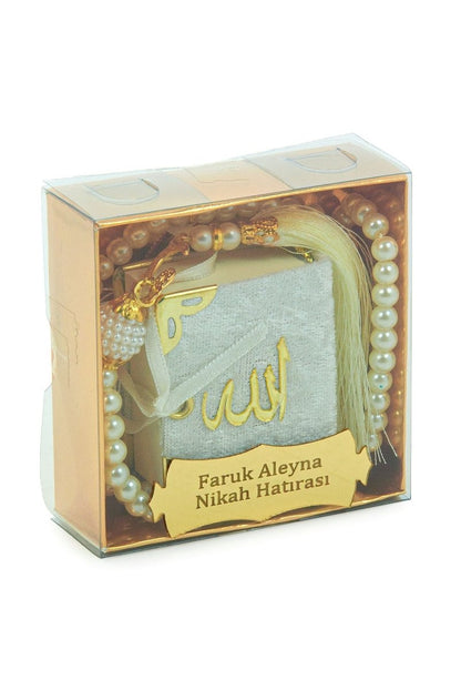 Personalized Mini Velvet Quran Gift Set with Pearl Tasbeeh in Decorative Box – Mevlut Favor - ihvan