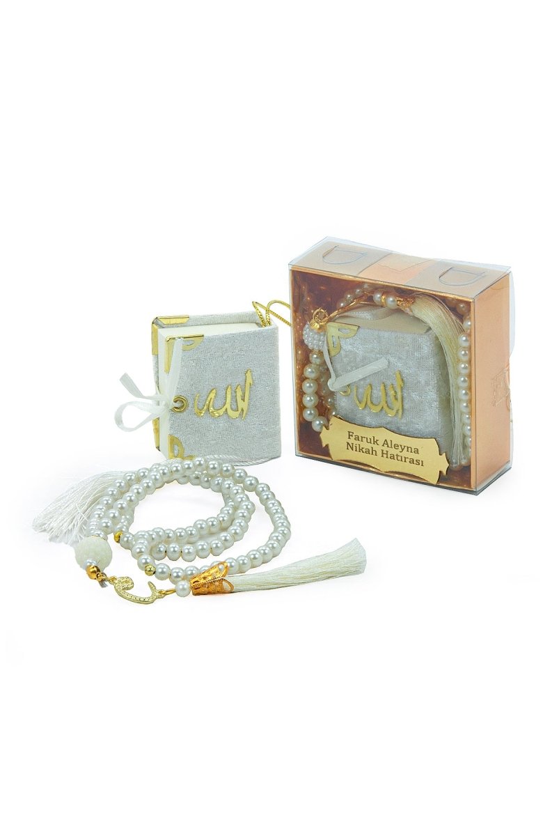 Personalized Mini Velvet Quran Gift Set with Pearl Tasbeeh in Decorative Box – Mevlut Favor - ihvan