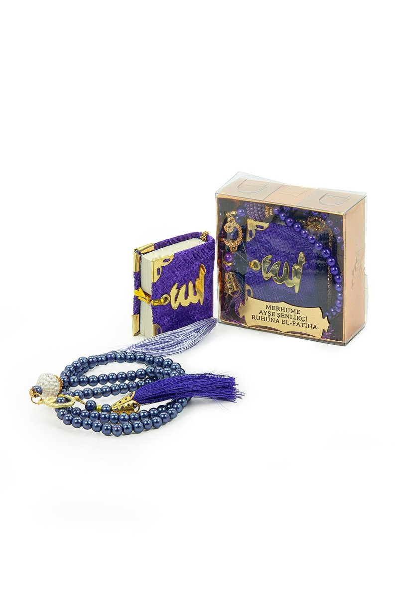 Personalized Mini Velvet Quran Gift Set with Pearl Tasbeeh in Decorative Box – Mevlut Favor - ihvan