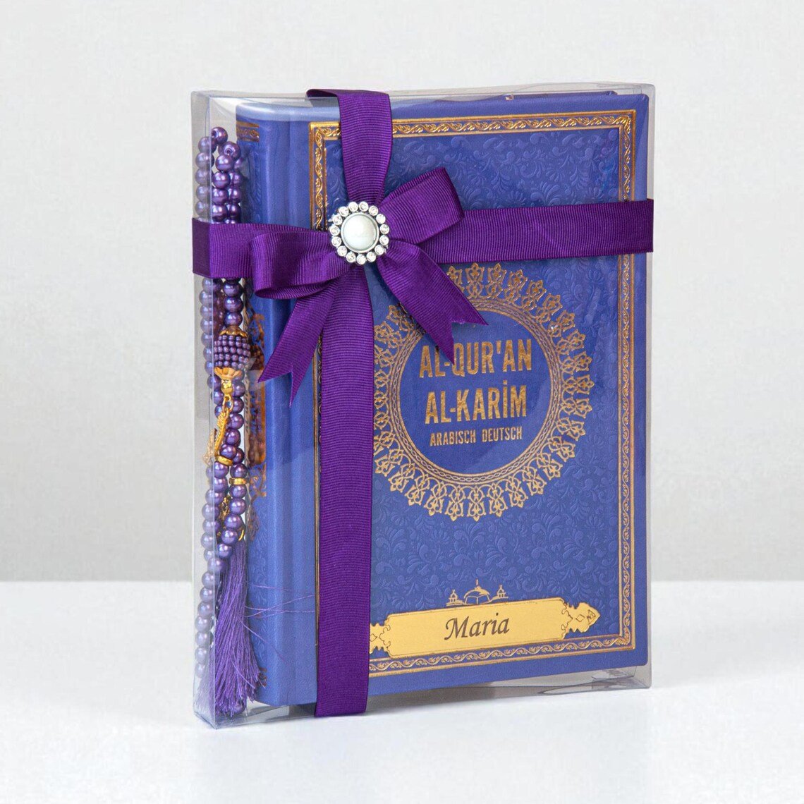 Personalized Pink Arabic German Quran Gift Set with Ribbon and Beads – 14x20cm Islamic Book Perfect for Eid, Wedding, Baby or Shahada - ihvan