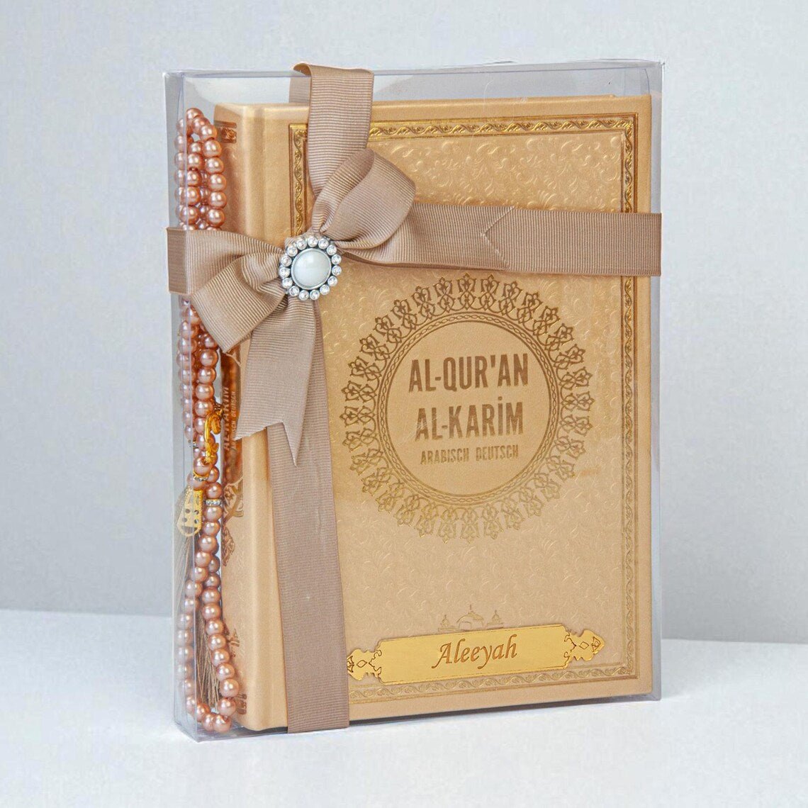 Personalized Pink Arabic German Quran Gift Set with Ribbon and Beads – 14x20cm Islamic Book Perfect for Eid, Wedding, Baby or Shahada - ihvan