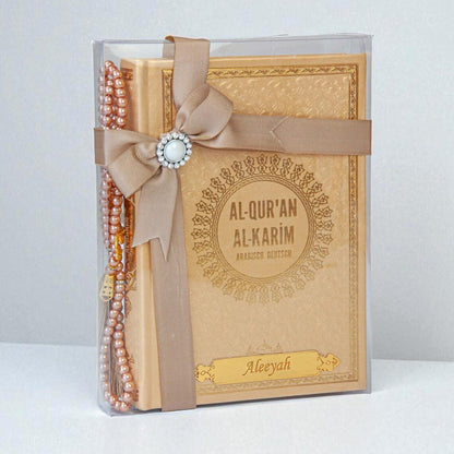 Personalized Pink Arabic German Quran Gift Set with Ribbon and Beads – 14x20cm Islamic Book Perfect for Eid, Wedding, Baby or Shahada - ihvan