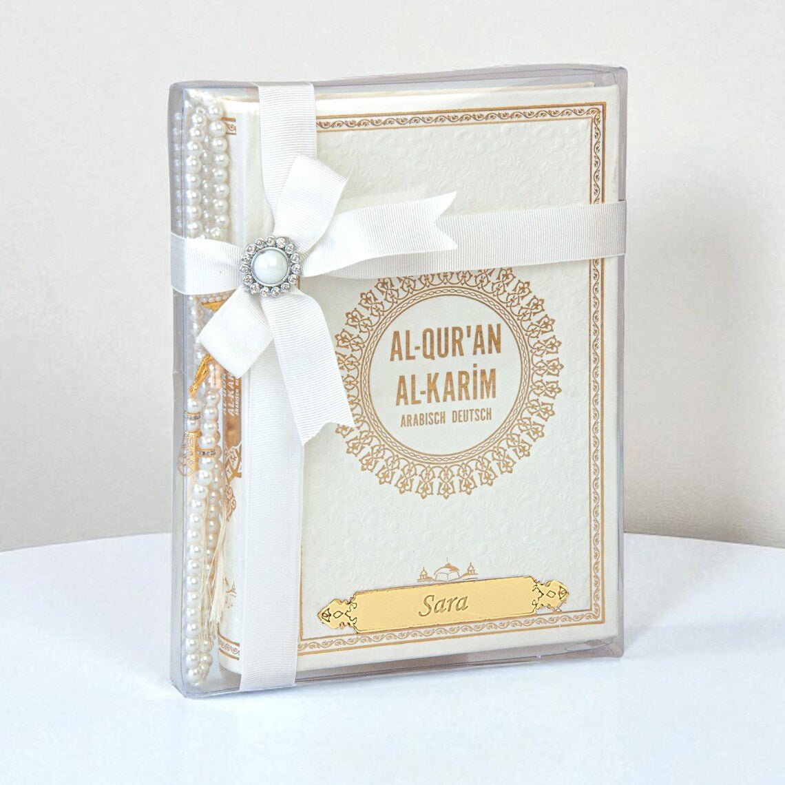 Personalized Pink Arabic German Quran Gift Set with Ribbon and Beads – 14x20cm Islamic Book Perfect for Eid, Wedding, Baby or Shahada - ihvan