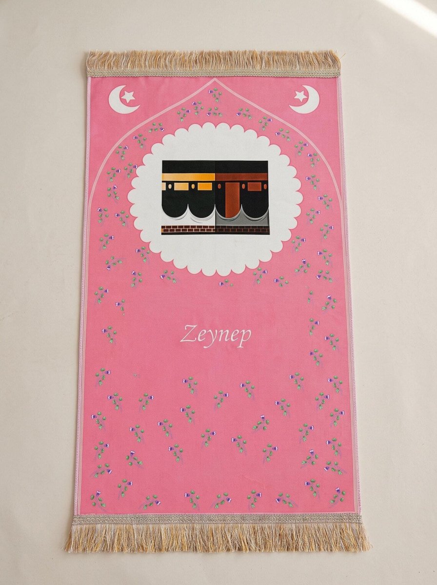Personalized Prayer Mat for Girls, Kaaba Design and Embroidered Name, Quran and Tasbih - ihvan